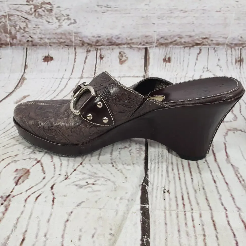 Cole Haan Women's Brown D18198 Leather Tooled Clog Mules Size 7B